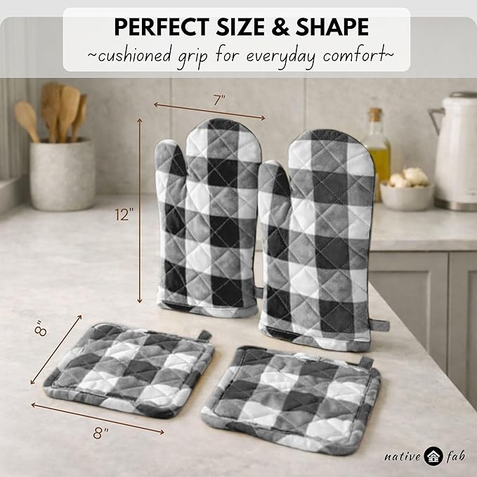Native Fab Buffalo Plaid Check Oven Mitts and Pot Holders Set of 4, 100% Cotton Heat Resistant Kitchen Gloves, 2 Oven Mitts (7x13), 2 Pot Holders (8x8) for Cooking & Baking, Steel Grey White