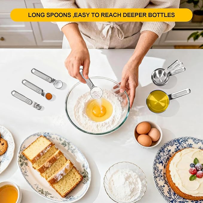 Stainless Steel Measuring Cups and Spoons Set, 8 PCS Long Handle Measure Cups and Spoons Premium Stackable Measuring Cups for Kitchen Cooking & Baking, Dry & Liquid Dishwasher Safe