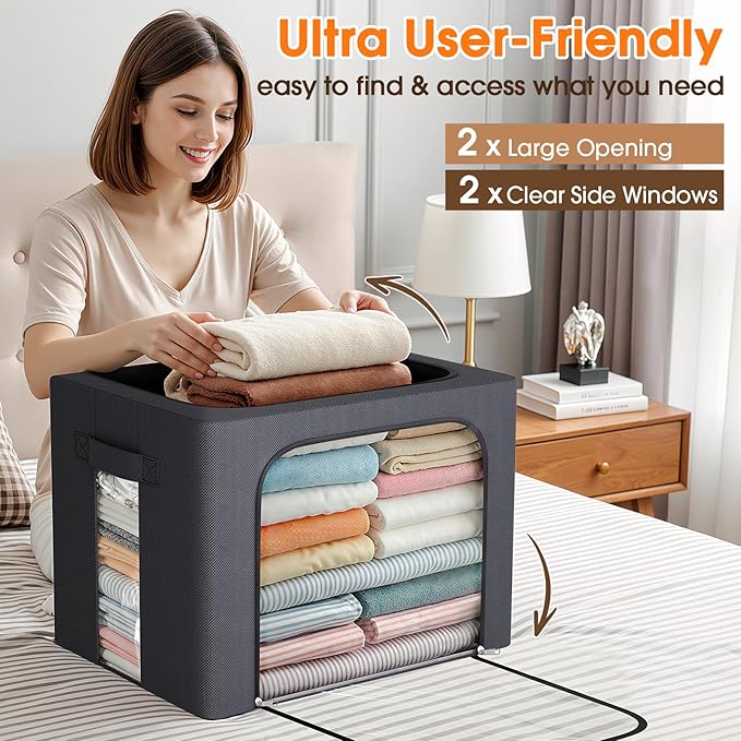 8 Pack Clothes Storage Bins with Metal Frame,40L Storage Bags Fabric Box Organizer with Clear Window,Zippers,Sturdy Handles(8 Pcs,Light Grey,40L)