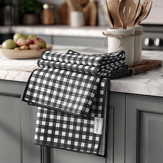 RECYCO Waffle Kitchen Towel Set of 2 - Quick Dry Microfiber Sustainable Dish Towels - Ultra Absorbent Reusable Cleaning Tea Towels - Lightweight Hand Towels,16”x 28”, Iron Black Plaid
