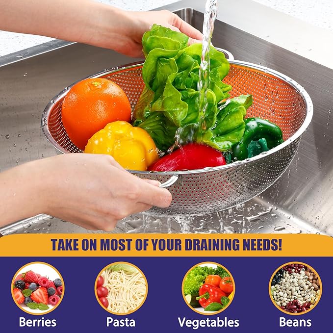 E-far Stainless Steel Colander, 3-Quart Micro-Perforated Metal Colander Strainer with Handle for Kitchen/Draining Pasta/Rinsing Vegetables Fruits, Heavy Duty & Dishwasher Safe - 8.8 Inches