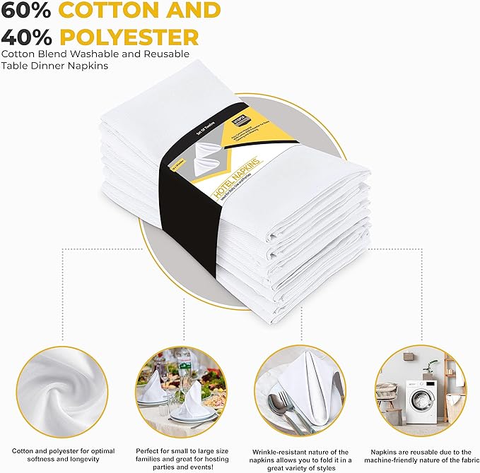 Utopia Kitchen White Cloth Napkins [288 Pack, 18x18 Inch] Absorbent Cotton Blend Washable and Reusable for Dinner, Restaurant, Lunch, Wedding and Hotel