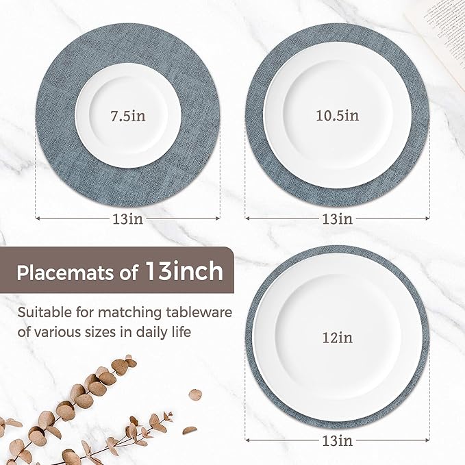 13" Round Placemats Set of 12, Reversible Faux Leather Heat Resistant Table Mats, 100% Waterproof Oilproof Wipeable Table Protective Placemats for Vinyl, Washable for Indoor (12, Light Blue)