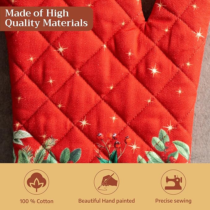 Maison d' Hermine Oven Gloves 100% Cotton Oven Mitt 7" x 13" with Loop Heat Resistant BBQ Cooking Gloves for Thanksgiving Christmas Decorations Baking Handling Hot Pans (Pack of 1, Noel)