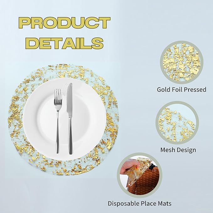 Snowkingdom Disposable Gold Placemats Set of 12 Metallic Round 13 Inch Foil Mesh Pressed Fall Table Mates 12 Pack Gold Doilies for Dining Table Wedding Birthday Party Holiday Home Decoration