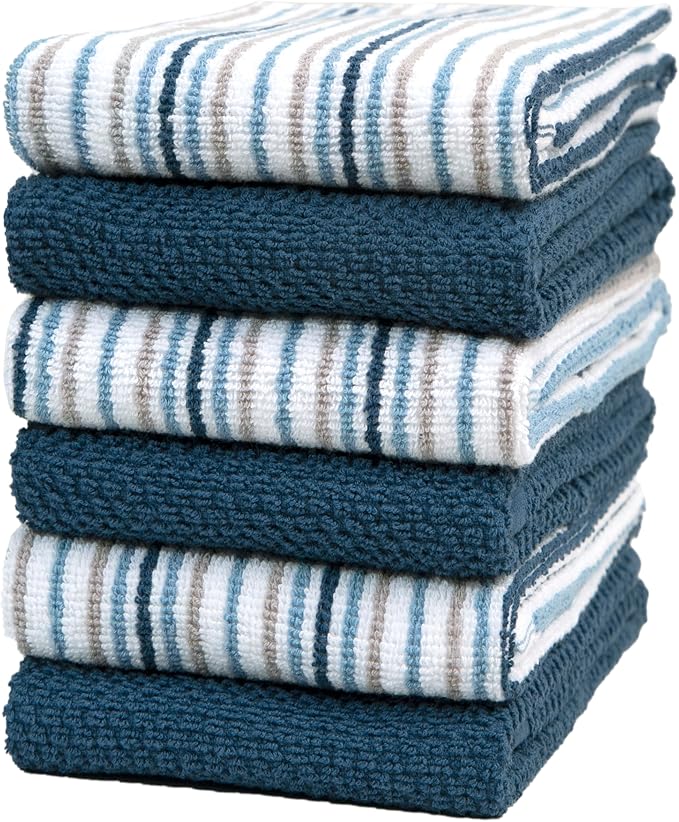 Kitchen Towels 16”x 26” - 6 Pack | Large Cotton Kitchen Hand Towels | Dish Towels | Popcorn Stripe Design | 430 GSM Highly Absorbent Tea Towels Set with Hanging Loop | Dish Towels for Kitchen | Blue