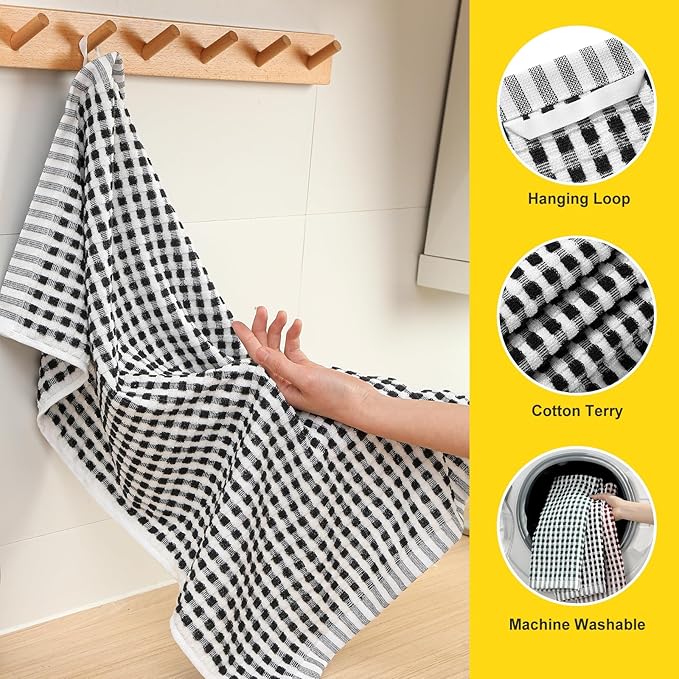 SALAS Cotton Dish Towels for Kitchen Drying Dishes, Lattice Terry Kitchen Cloths with Hanging Loop, 16‘’ x 26‘’, 8 Packs, Black