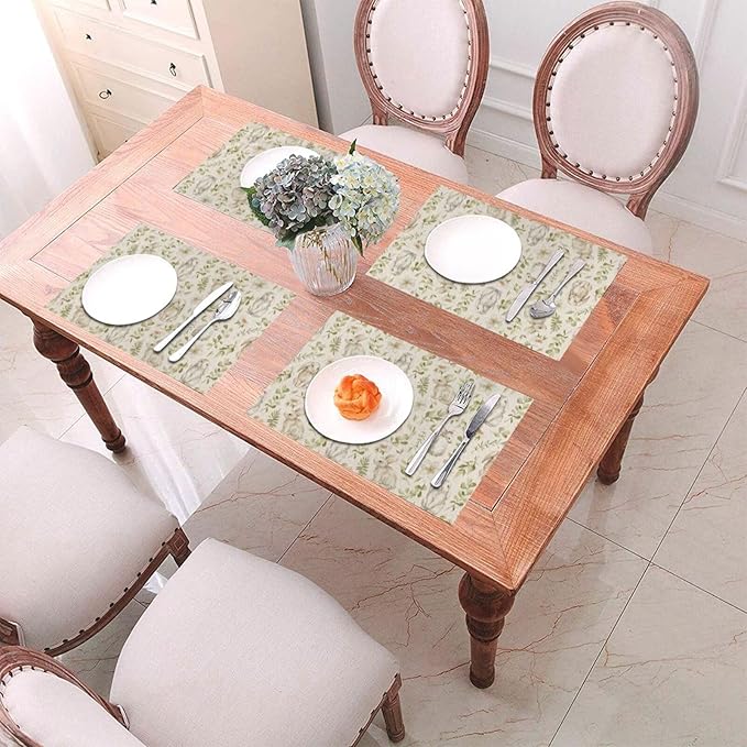 Spring Place mats Set of 4,12x18 Inches Green Rabbit Floral Leaves Placemats Rectangle Easter Decor Bunny Flower Table Mats for Party Home Kitchen Dining Table Decoration