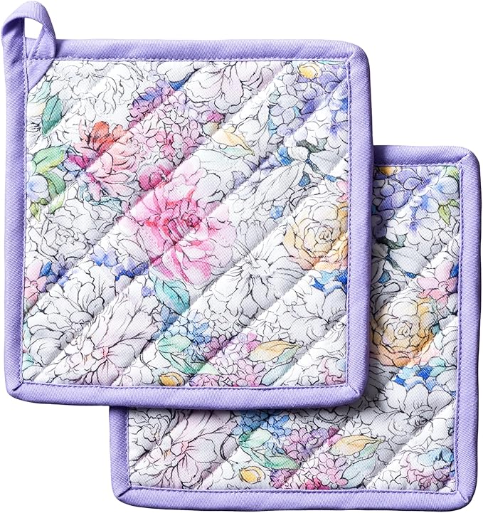 Maison d' Hermine Pot Holders 100% Cotton Heat Resistant Potholders 8" x 8" Hot Pads with Loop BBQ Cooking Baking Gifts for Mothers Day Handling Hot Pans Spring/Summer (Pack of 2, Floral Love)