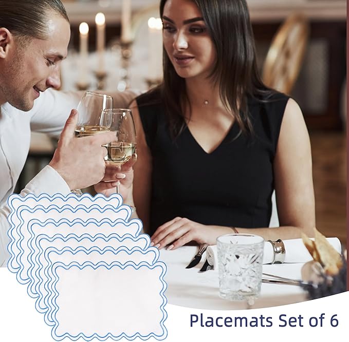 Set of 6 Cotton Linen Placemats, 13''x 19'' Wavy Embroidery Scalloped Placemats Washable Rustic Dinner Waterproof Table Mats (Blue)
