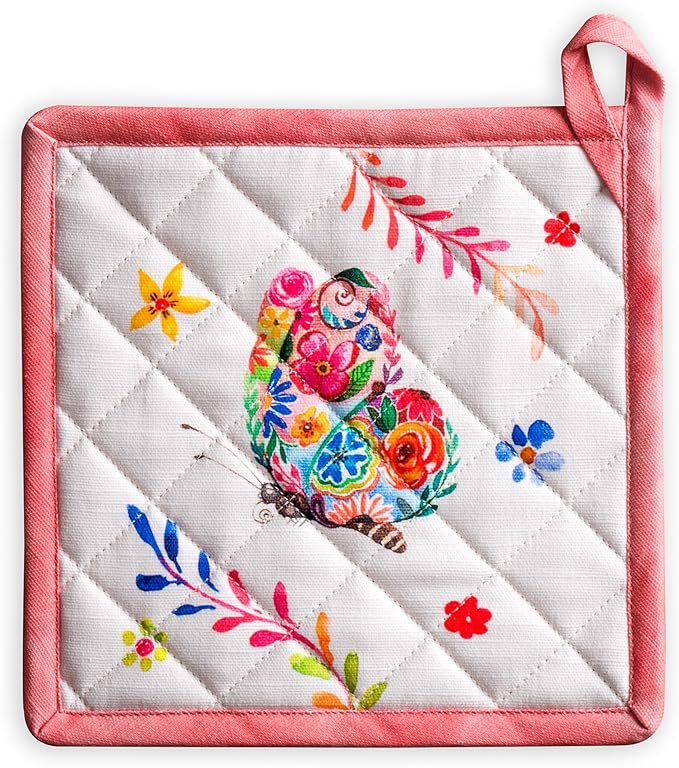 Maison d' Hermine Pot Holders 100% Cotton Heat Resistant Potholders 8" x 8" Hot Pads with Loop Baking Gifts for Mothers Day Handling Hot Pans Spring/Summer(Pack of 1, Happy Florals - High Summer)
