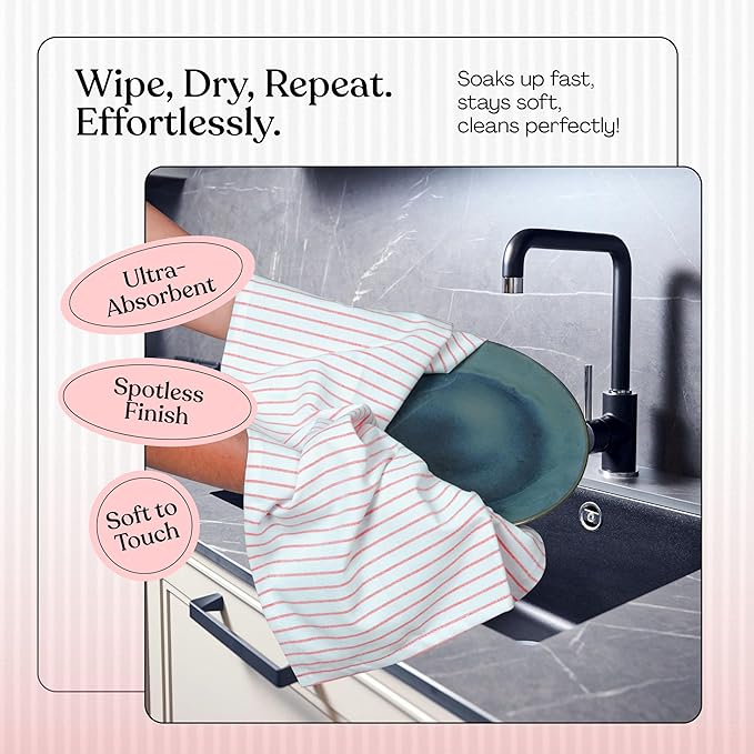 Orange Stripe Cotton Kitchen Towels Set of 3, Durable & Super Absorbent Dishcloths Pack, Classic Stripe Towel Set, Quick Dry Towels for Daily Kitchen Use, Wiping & Drying Dishes