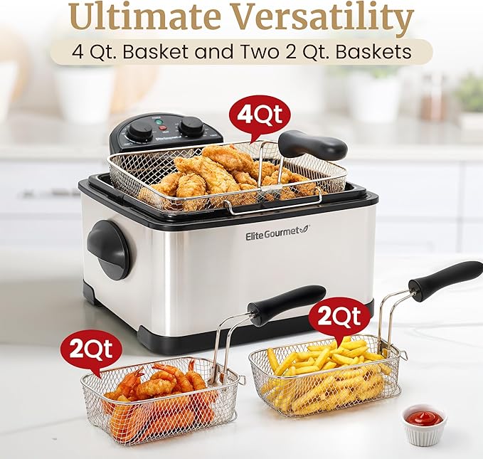 Elite Gourmet EDF-401TXB Electric 4.5 Qt. / 17 Cup Immersion Deep Fryer 3-Baskets, 1700-Watt, Timer Control, Adjustable Temperature, Lid with Viewing Window and Odor Free Filter