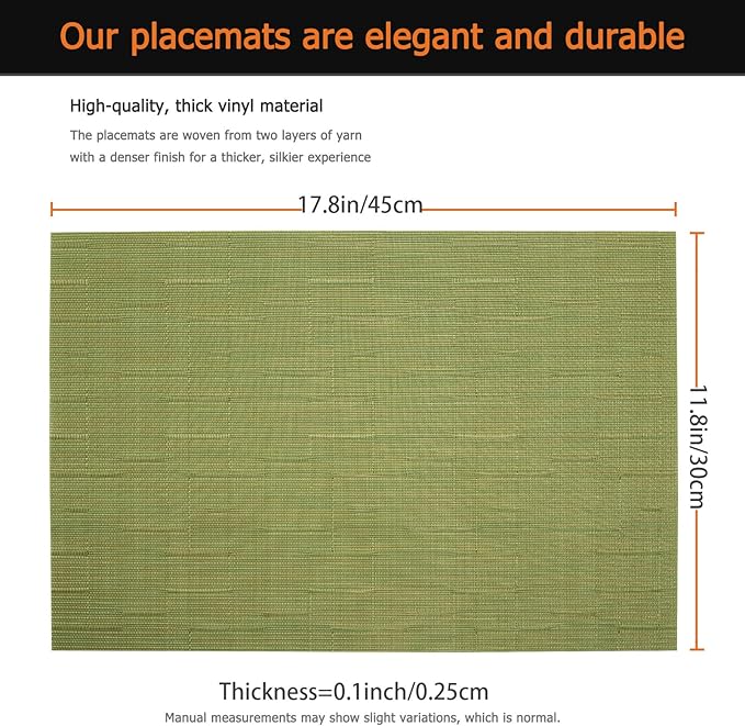 Placemats Set of 12 Washable&Wipeable Place mats for Dining Table Kitchen Indoor Outdoor Table Mats Heat Resistant Non Slip Woven Vinyl Table Placemats (Green，12PCS)