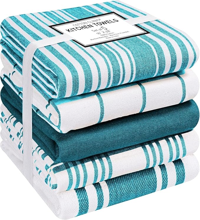 Cotton Clinic Assorted Kitchen Towels 5 Pack – Soft Absorbent Quick Drying Table & Kitchen Linen - Dish Towels, Dish Cloths, Tea Towel and Cleaning Towel with Hanging Loop – 16x28 / Teal Green White
