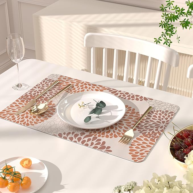 QiyI Placemats Set of 6, 12x18 Inch Faux Leather Place Mats for Kitchen Dinning, Heat Resistant Anti Slip Floral Table Mats, Waterproof Wipeable Washable Placemat Thanksgiving Table Décor, Brown