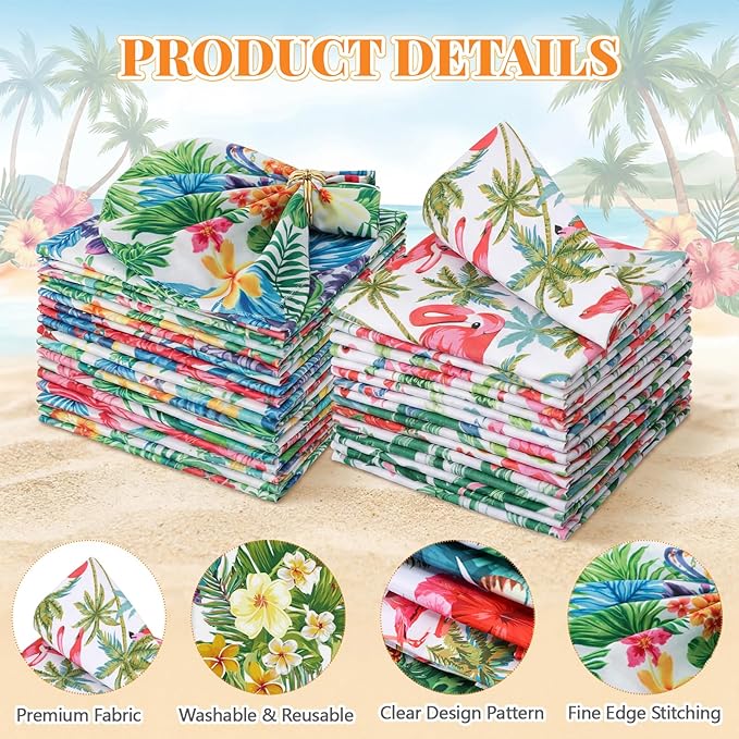 Nuogo 36 Packs Hawaiian Cloth Napkins 15" x 15" Hawaiian Guest Cloth Napkins with Tropical Floral Palm Leaves Flamingo Hand Towel for Summer Luau Party BBQ Dinner Wedding Table Decor