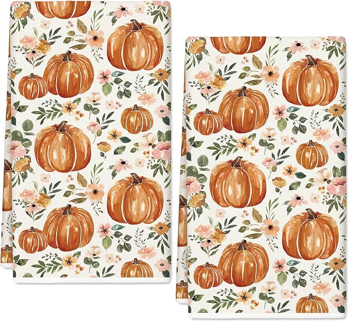 JarThenaAMCS Fall Kitchen Dish Towel 18 x 28 Inch Floral Pumpkin Dishcloth Rustic Autumn Farmhouse Hand Drying Tea Towel for Thanksgiving Cooking Baking, Set of 2