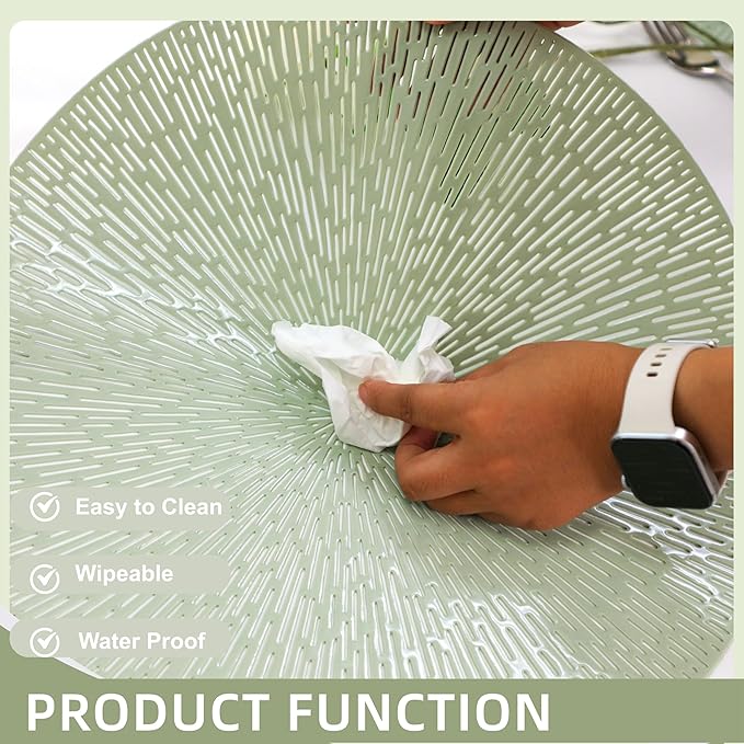 Snowkingdom Sage Green Easter Placemats Set of 8, Vinyl Hollow Spring 15 Inch Round Sage Green Place Mat, Washable Easy Clean Wipeable Non Slip Dining Table Mats for Wedding Bridal Shower Party Decor
