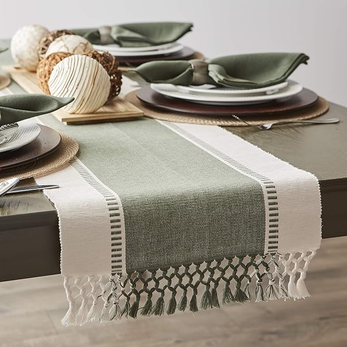 DII Dobby Stripe Woven Table Runner, 13x72 (13x77.5, Fringe Included), Artichoke