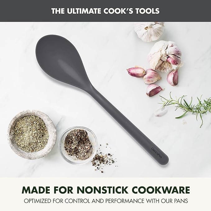 GreenPan Silicone Solid Spoon, Mixing Stirring Serving, Cooking Kitchen Utensil, Flexible Rubber Nonstick Cookware, Rigid Steel Core, Heat-Resistant, Anti-Slip Handle, BPA-Free, Dishwasher Safe, Gray