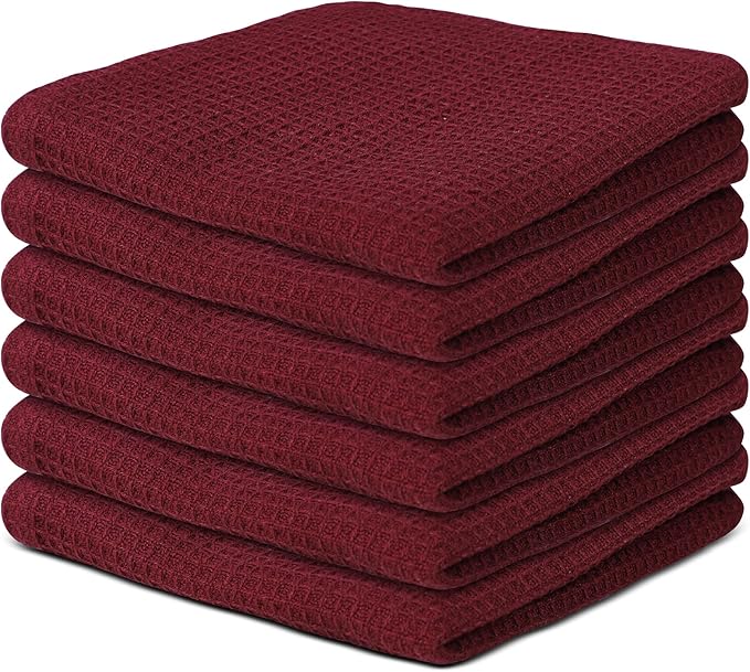 Vintage Vista 100% Cotton Waffle Dish Cloths (Pack of 6) - Dish Rags for Washing Dishes - Reusable & Highly Absorbent Kitchen Towels - Kitchen Rags fo Easter - (12" x 12" - Maroon)