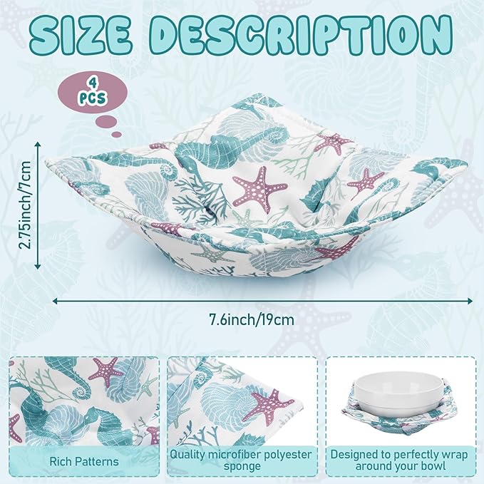 Cunhill 4 Pcs Cotton Microwave Bowl Cozy Holders for Hot Food Hot Pads Soup Bowl Potholders Heat Resistant Multipurpose Quilted Safe Holders for Kitchen Plate Supply(Light Blue,Ocean)