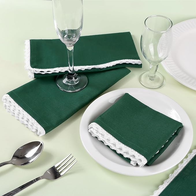 FINGERCRAFT Dinner Cloth Napkin Cotton Blend 12 Pack Vintage Rustic Premium Quality Mitered Corners Napkin Cloth with Elegant Lace for Everyday Use, Pre Shrunk and Good Absorbency 20x20 in Eden Green
