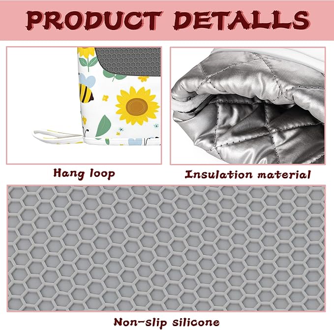 Cute Bee Sunflower Heat-Resistant Silicone Oven Mitts and Pot Holders 4 Piece Set,Extra Long Non-Slip Kitchen Oven Gloves for Cooking, Baking, BBQ,Grilling