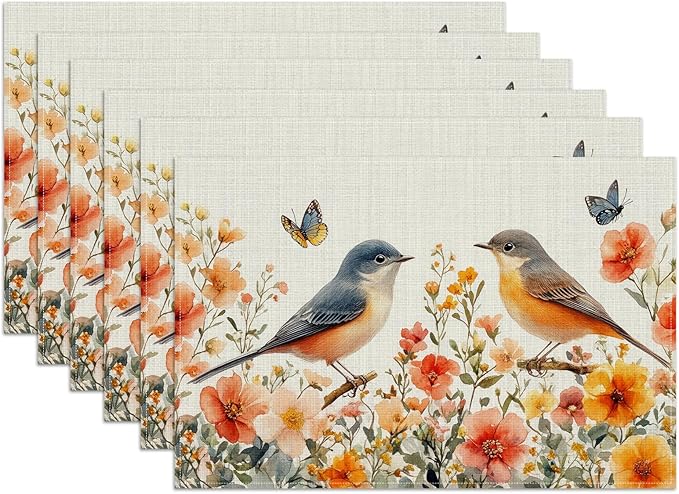 Spring Bird Flower Floral Placemats Set of 6, Washable Heat Resistant Table Mat Watercolor Floral Linen Place Mats for Party Kitchen Dining Home Decor 12x18 Inch