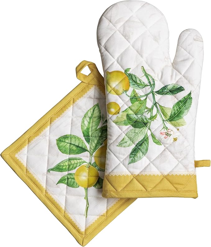 Maison d' Hermine 100% Cotton Oven Mitt & Pot Holder Set (7.5"x13" & 8"x8") Heat Resistant BBQ Cooking Gloves with Loop Baking Grilling Kitchen Gifts for Mothers Day Spring/Summer (Limoncello)