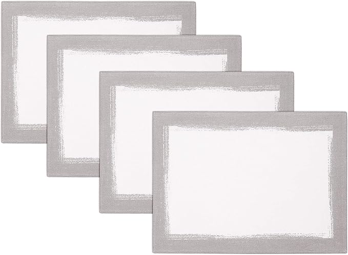 Elrene Home Fashions Villeroy & Boch Metallic Brushstroke Modern Linen Blend Placemat Set, 14 Inches x 20 Inches, Set of 4, White and Silver