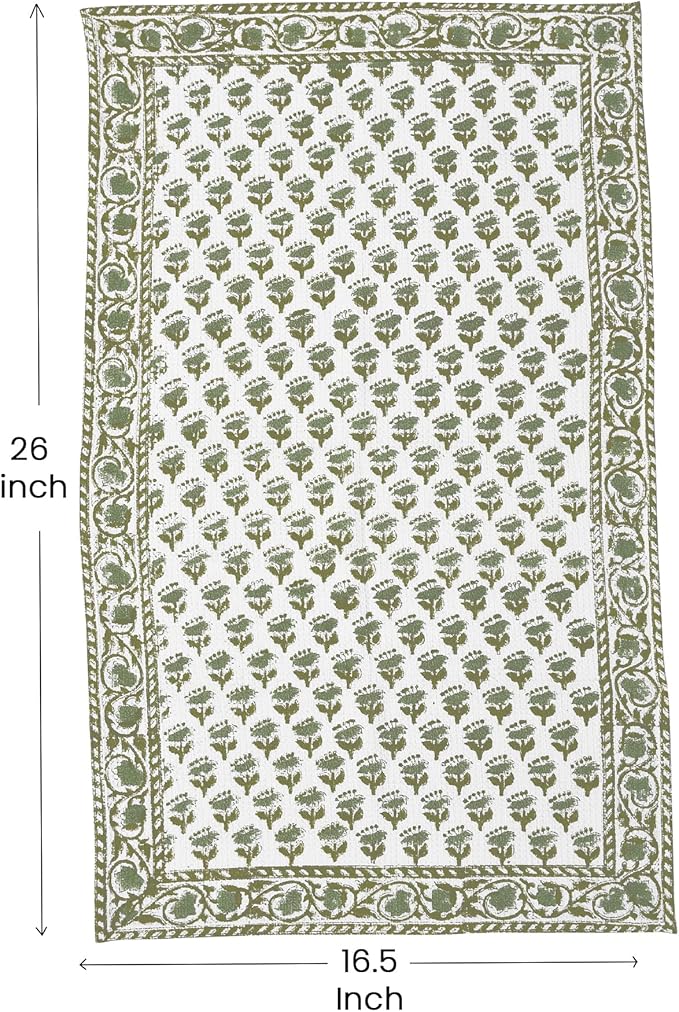 CPC Emerald Green Hand Block Print Waffle Kitchen Towel Set of 3-16 x28 Ultra Absorbent Quick Dry 100% Cotton Dish Towels Lightweight Reusable Sustainable Tea Towels for Cleaning and Drying