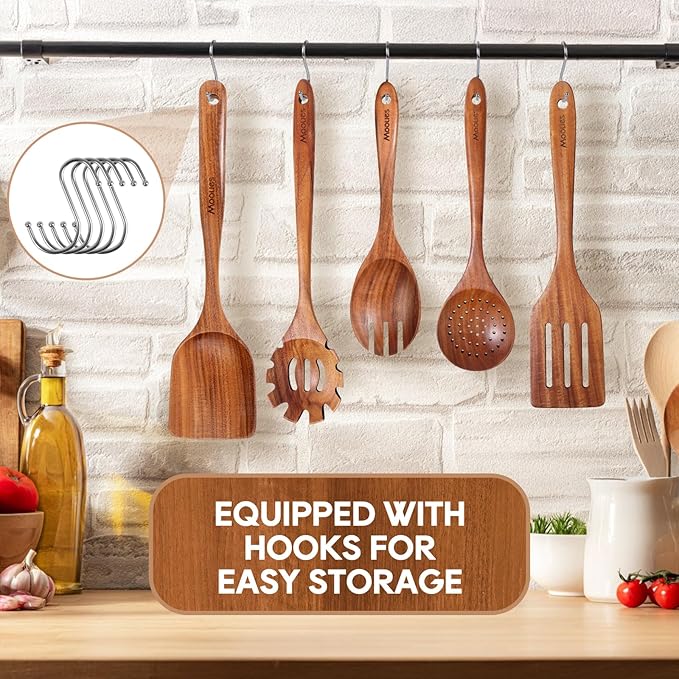 Wooden Spoons for Cooking, 6PCS Teak Wood Cookware Utensil Set with Hooks - Smooth Finish, Non-Stick, Comfortable Grip, Heat Resistant Kitchen Utensils