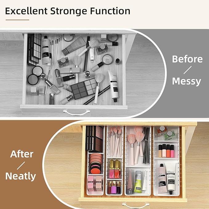 Desk Drawer Organizer Tray 4 PCS Plastic Office Drawer Organizer Bins Junk Organizer Divider with Non-Slip Silicone Pads, Makeup Vanity Organizer for Drawer, White