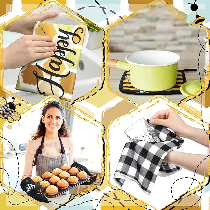 Leinuosen 6 Bee Kitchen Towels Kitchen Decor and Accessories Set Floral Plant Oven Mitts and Pot Holders Sets Farmhouse Absorbent Dish Towels for Cooking Baking Grilling