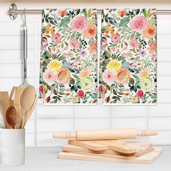 JarThenaAMCS Floral Kitchen Towel Watercolor Flower Dish Towel 18 x 28 Inch Vintage Rose with Leaves Hand Drying Tea Towel for Cleaning Wiping, 2Pcs