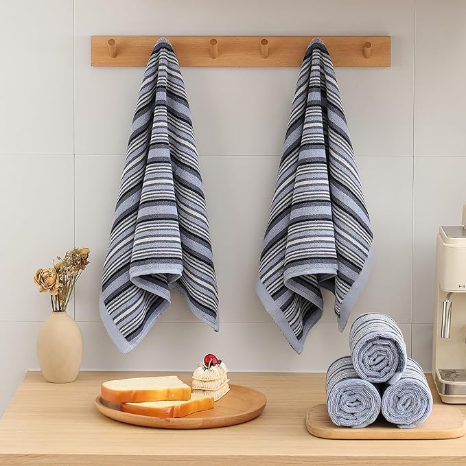 SALAS Premium Cotton Kitchen Dish Towels for Drying Dishes,Large Long 390GMS Hand Towels, Thick Highly Absorbent Dish Cloth Towel Sets with Hanging Loop, 16" X 26", 3 Pcs, Blue