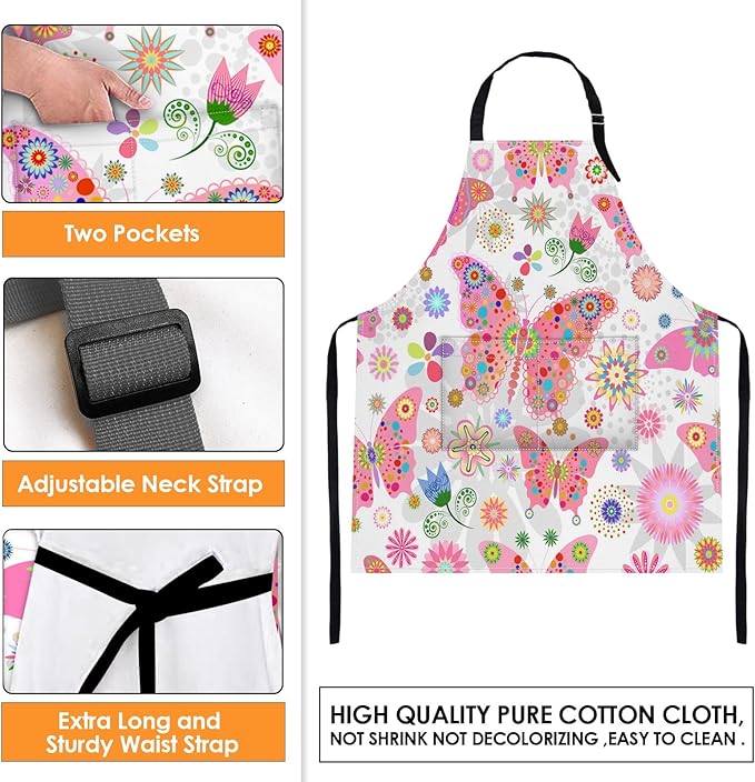 Britimes Butterfly Apron Floral Colorful Butterflies Flowers Aprons Kitchen Cooking Gardening for Women With Pockets