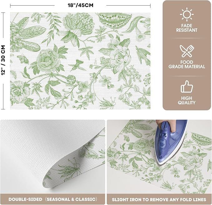Artoid Mode Green Floral Brids Spring Vinyl Placemats Set of 4, Washable Heat Resistant Non-Slip Woven Plastic PVC Place Mats for Farmhouse Holiday Party Dining Table Decor
