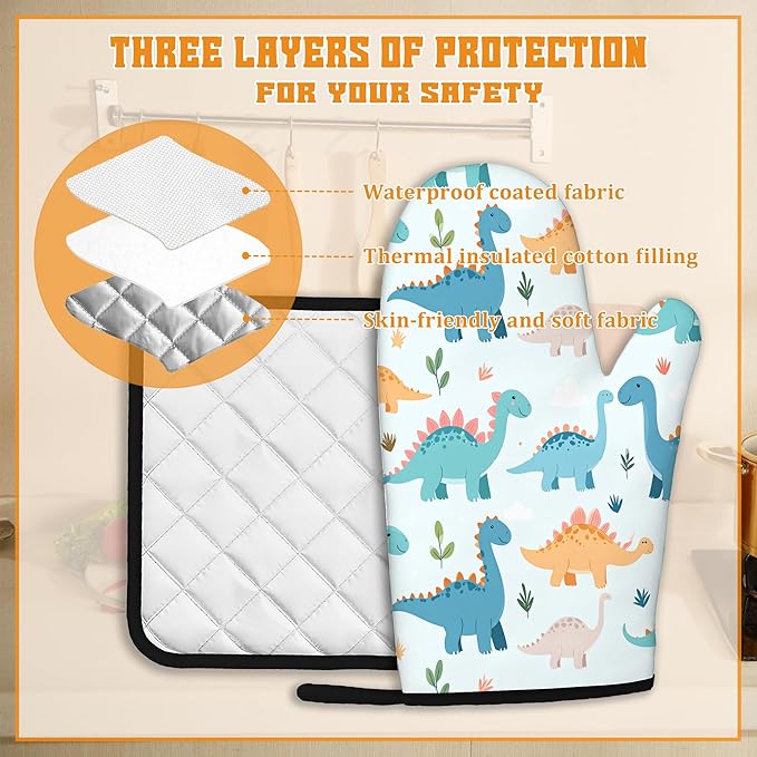Cute Dinosaur Oven Mitts and Pot Holders,Heat Resistant Oven Mitts Gloves and Pot Holder for Home Kitchen Decorations Cooking Baking BBQ Gifts,Set of 4