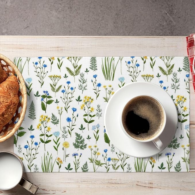 Wildflower Print Linen Placemats Set of 4, 12x18 InchWashable Table Mats for Dining Room Spring Gatherings
