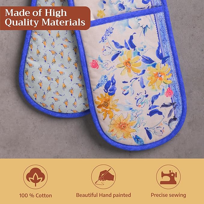 Maison d' Hermine Double Oven Mitts 100% Cotton 7"x35" Double Oven Mitt Heat Resistant BBQ Cooking Gloves with Loop Baking Grilling Gifts for Mothers Day Spring Summer (Girassol)