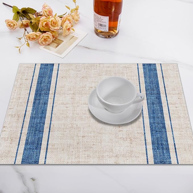 CSFOTO Modern Minimalist Line Decorative Placemats Set of 4 Heat-Resistant Non-Slip Kitchen Table Mats Khaki Woven Rectangle Placemats for Dining Table 18"x12" Washable, Blue Stripe