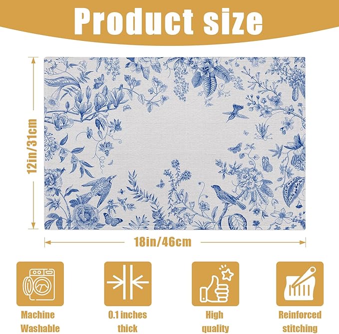 Spring Vintage Bird Placemats Set of 6, Chinoiserie Flower Linen Place Mat Washable Stain Resistant Table Mats for Farmhouse Kitchen 12x18 Inch
