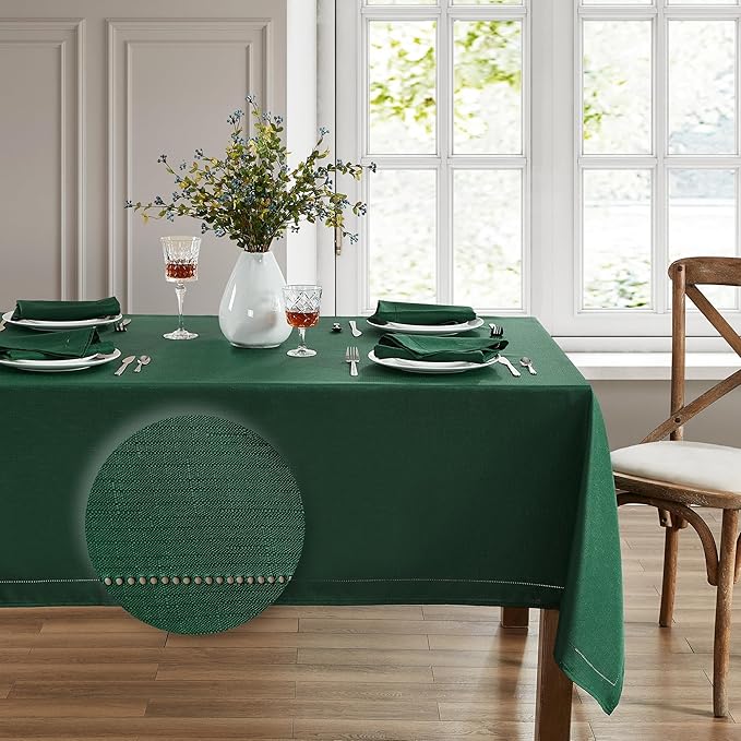 Elrene Home Fashions Alison Eyelet Border Design Wrinkle Resistant Fabric Tablecloth, 60"x84" Rectangle, Forest