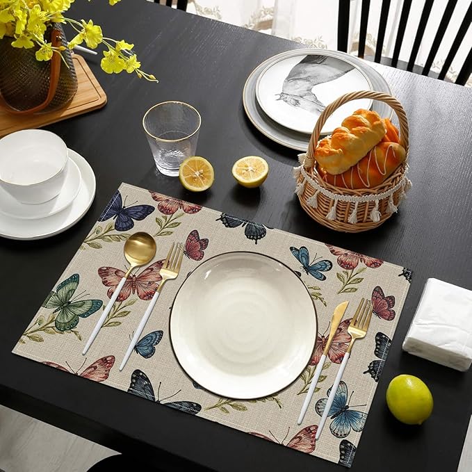 Vintage Colourful Butterfly Placemats Set of 6, Washable Heat Resistant Table Mat Linen Place Mats for Party Kitchen Dining Home Decor 12x18 Inch