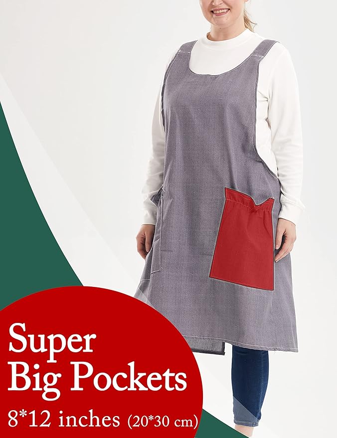 Big Plus Size Aprons for Women with Pockets Cotton Linen Baking Kitchen Cooking