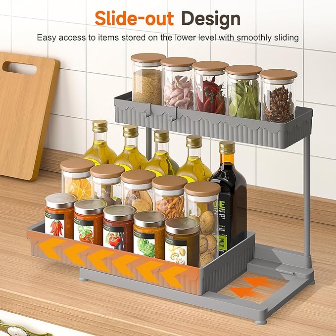 Sevenblue 3 Pack Multi-Purpose Under Sink Organizers and Storage, 2026 L-Shaped Pull Out Cabinet Organizer for Bathroom & Kitchen, Under Cabinet Organizer with Hooks Hanging Cup (Grey, 14.85 inch)