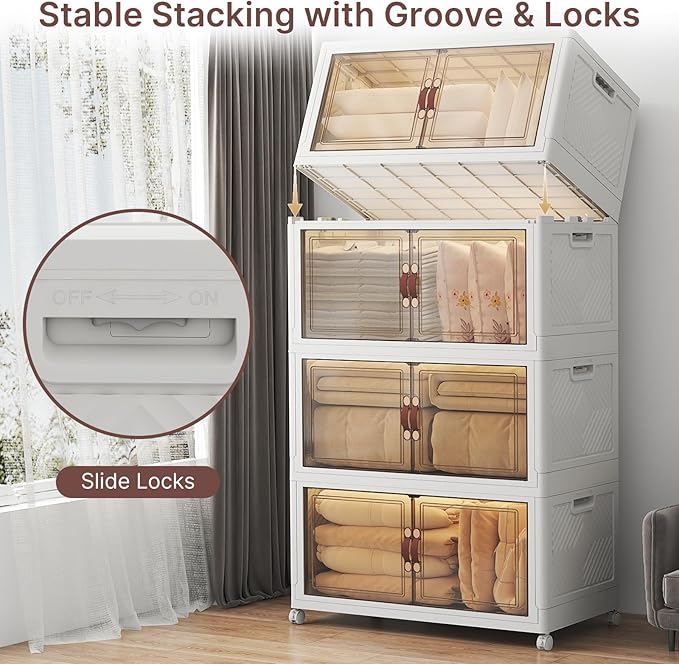 UAMFURI Stackable Storage Bins with Lids, 1440QT Lockable Storage Cabinet, Foldable Storage Box with Doors and Wheels, Plastic Drawers for Home, Garage, Office (8, White, Extra Large)